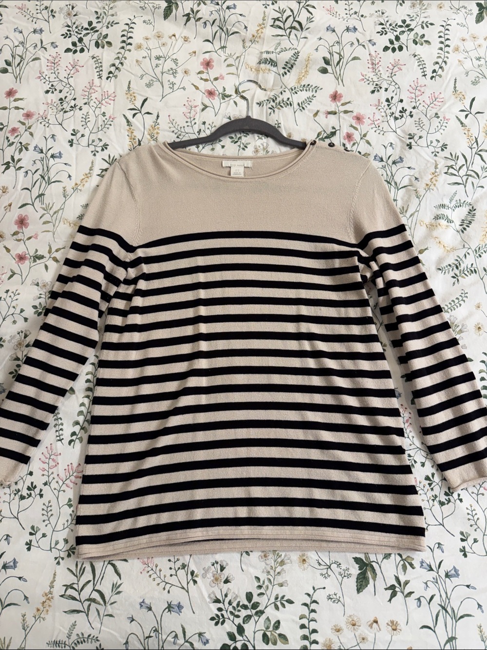 H&M Beige and Black Striped Long Sleeve Boatneck Top